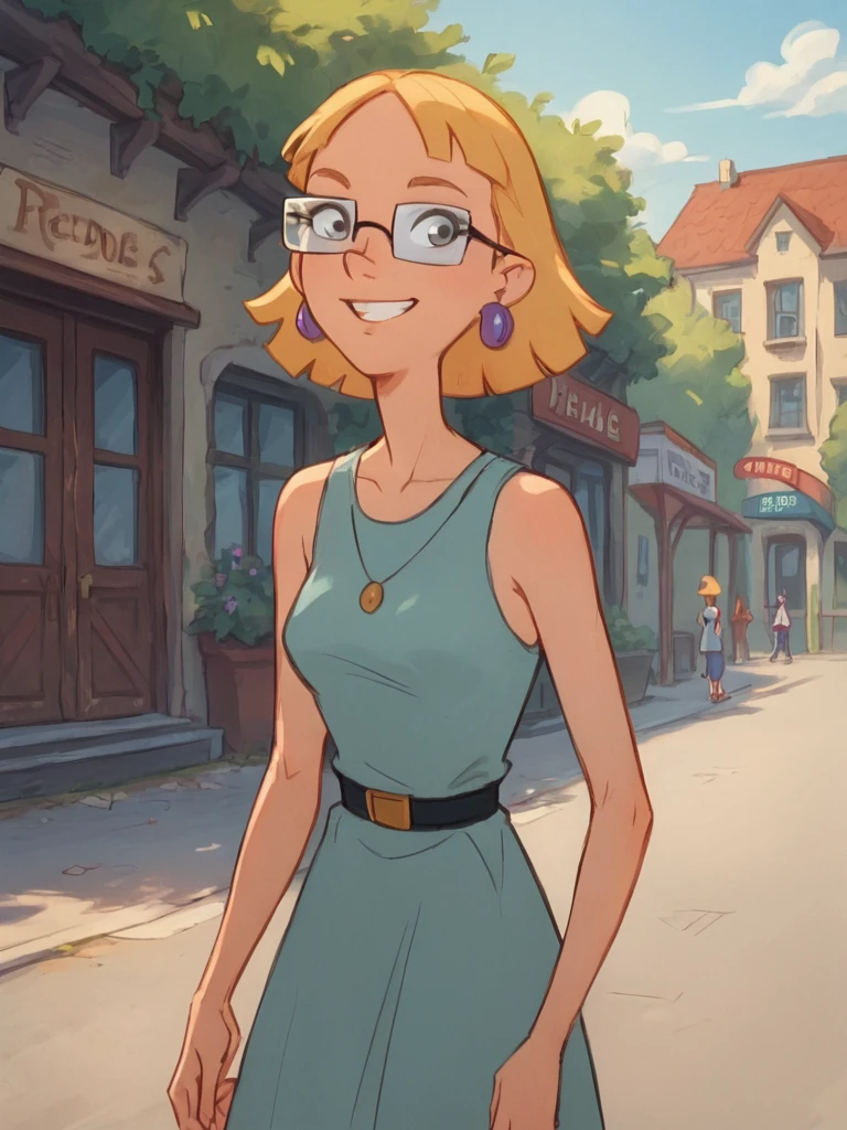 miriam, 1girl, glasses, earrings, jewelry, solo, short hair, blonde hair, smile, dress <lora:MiriampatakiPony1.1:0.8>, score_9, score_8_up, score_7_up, score_6_up, <lora:Smooth Anime Style LoRA XL:1> outdoors,