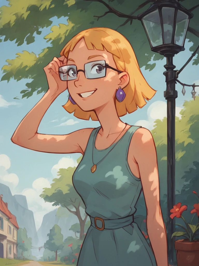 miriam, 1girl, glasses, earrings, jewelry, solo, short hair, blonde hair, smile, dress <lora:MiriampatakiPony1.1:0.8>, score_9, score_8_up, score_7_up, score_6_up, <lora:Smooth Anime Style LoRA XL:1> outdoors,