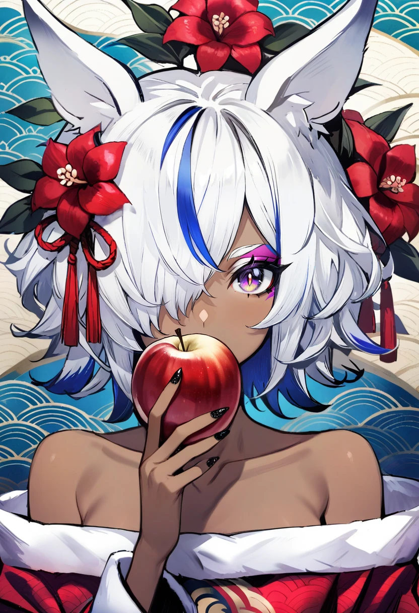 masterpiece, best quality, <lora:banpaiakiraXL_ANI31_lokr_V3236:0.95> 1girl, food, solo, flower, fruit, hair ornament, holding food, apple, holding, multicolored hair, hair flower, white hair, hair over one eye, holding fruit, looking at viewer, black nails, red flower, dark skin, short hair, dark-skinned female, portrait, nail polish, multicolored eyes, covering mouth, bare shoulders, makeup, fingernails, streaked hair, blue hair, animal ears, bangs, purple eyes, eyeshadow, horse ears, collarbone, bow, seigaiha