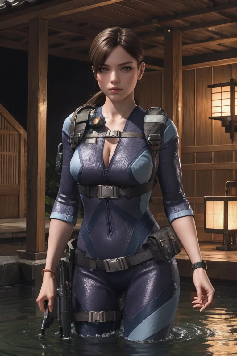 masterpiece, best quality, high quality, highres, wading,looking at viewer,solo,water, sunset, onsen, wisteria,moody lighting, BREAK, 
GAME_ResidentEvilRevelation_JillValentine_ownwaifu, www.ownwaifu.com, 
1girl, breasts, brown hair, short hair, medium breasts, jill valentine, lips, ponytail, long hair, blue eyes, large breasts, collarbone, makeup, 
bodysuit, cleavage, watch, holster, wristwatch, belt, uniform, military, bracelet, thigh holster, pouch, skin tight, bulletproof vest, 
<lora:GAME_ResidentEvilRevelation_JillValentine_ownwaifu-15:0.7>