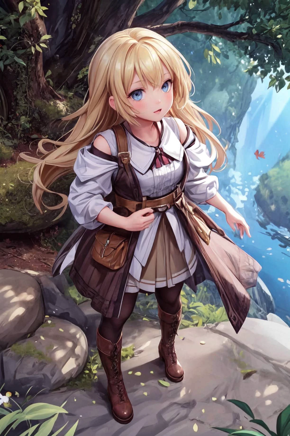 <lora:Tool - Detail up:0.5>, dynamic amgle,
1girl, solo,forest, blue eyes,wide shot magnificent view,from above,looking up,ground,blonde hair,(dappled sunlight)+,blurry,depth of field, boots,leaf,