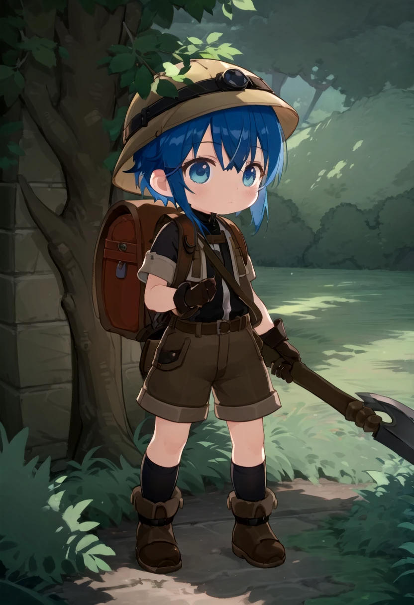 <lora:made_in_abyss_-_binary_star_-_aki-sd-v10:0.6>
masterpiece, ultra detail, forest, detailed background, looking at camera, mia_aki, solo, blue eyes, shirt, gloves, 1boy, hat, holding, closed mouth, blue hair, standing, full body, male focus, boots, outdoors, shorts, black gloves, bag, black shirt, brown footwear, backpack, helmet, male child, brown shorts, whistle, pickaxe , draw it in the style of made in abyss,The soft lighting and detailed surroundings create an immersive environment where imagination runs wild hyper-detailed,hyper-detailed face, high quality visuals, dim Lighting, sharply focused, octane render, 8k UHD