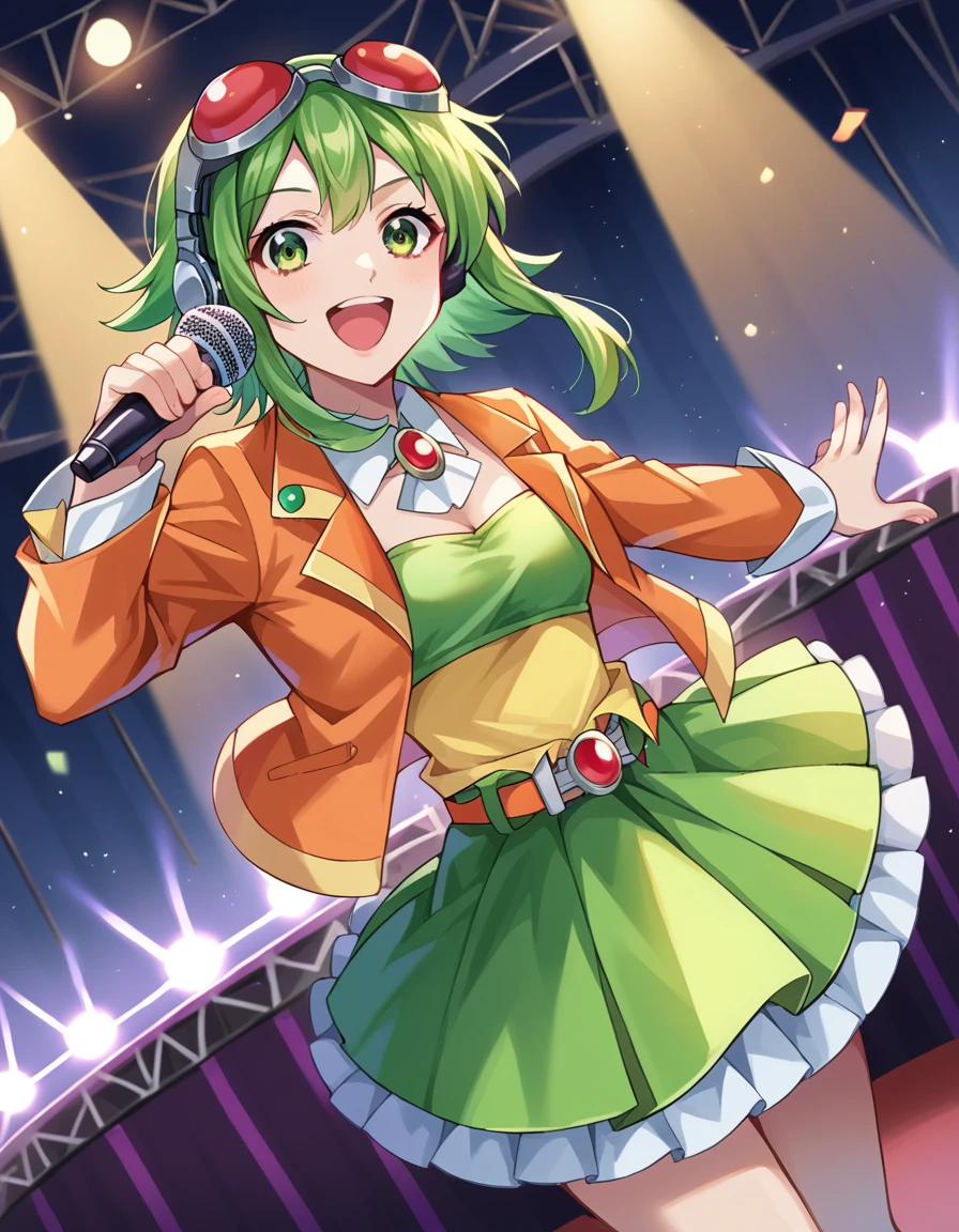 score_9, score_8_up, score_7_up, source_anime,
vocaloidgumi, <lora:vocaloid-gumi-ponyxl-lora-nochekaiser:1>,
gumi, green eyes, green hair, medium hair, sidelocks,
belt, brooch, frilled skirt, frills, goggles, goggles on head, green skirt, green tube top, headphones, high heels, jacket, jewelry, layered skirt, orange jacket, orange skirt, pleated skirt, red goggles, shirt, skirt, strapless, tube top, yellow shirt,
indoors, stage, stage lights, singing, audience, microphone, holding microphone, open mouth,
looking at viewer, dutch angle, cowboy shot,