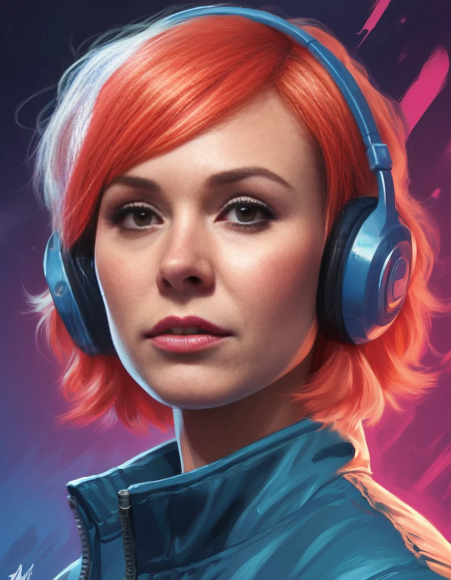 <lora:Alison Pill-000007:1.0>, waist up  of  al(snpllbq woman), as Kim Pine from Scott Pilgrim, sci-fi, highly detailed, digital painting, artstation, concept art, sharp focus, illustration, art by Tony Sart and artgerm and randy vargas