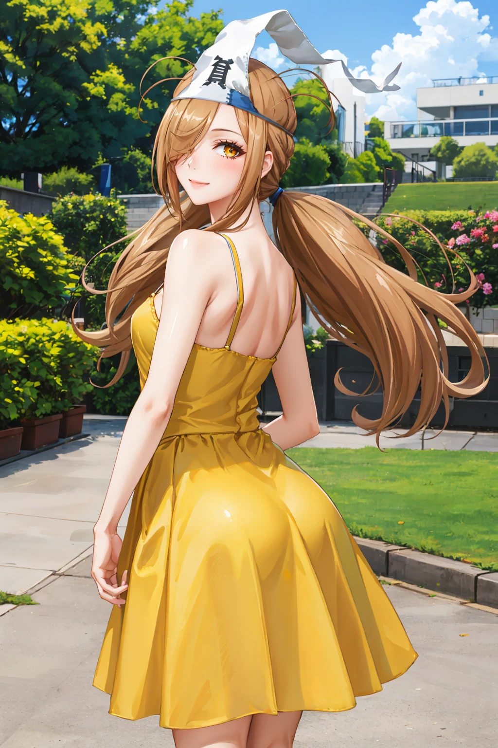 masterpiece, best quality, 1girl,  <lora:momijibinboda-nvwls-v1-000009:0.9> momijibinboda, hair over one eye, twintails, triangular headpiece, yellow sundress, from behind, yellow skirt, looking at viewer, blush, smile, garden, city