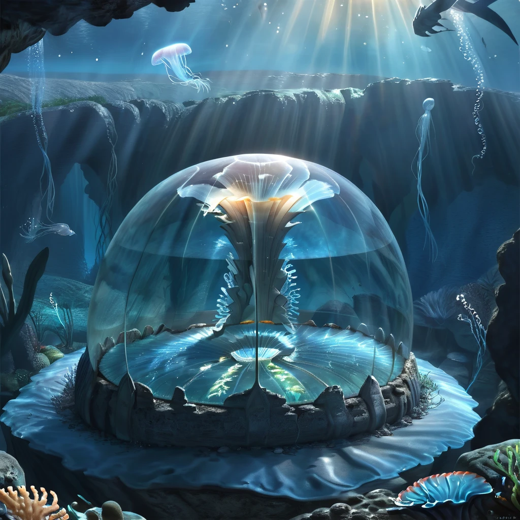 Masterpiece,absurd resolution,8k,high resolution,
AtlantisWorld,
dome,water,no humans,dome,sunlight,scenery,fish,bubble,light rays,underwater,air bubble,sunbeam,jellyfish,cave,coral
, <lora:AtlantisWorld_XL:0.8>