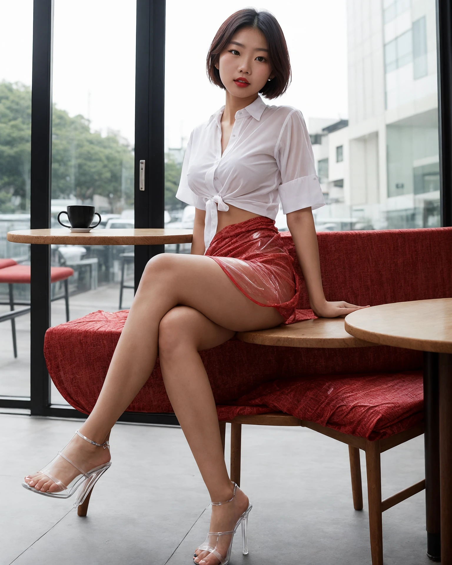 A photo of a young asian woman, sitting in a cafe, wearing a white shirt and a tie, short hair, slender, red lips, (transparent fabric:1.42)