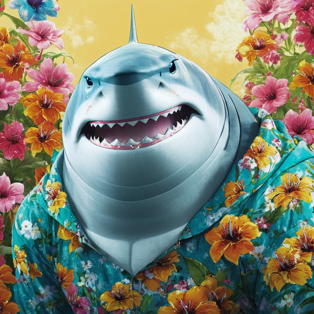 anime artwork of  <lora:King Shark:1>
King Shark smiling at camera in a flower shirt, anime style, key visual, vibrant, studio anime,  highly detailed