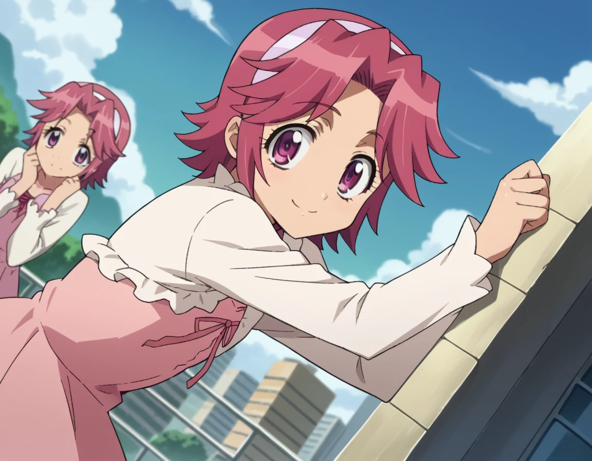 score_9, score_8_up, score_7_up, source_anime,
alicemaresato, <lora:alice-maresato-s1-ponyxl-lora-nochekaiser:1>,
alice maresato, short hair, pink hair, red hair, hairband, pink eyes, parted bangs, solo,
dress, frills, long sleeves, pink dress,
outdoors, cityscape, smile, bent over,
looking at viewer, dutch angle, cowboy shot,