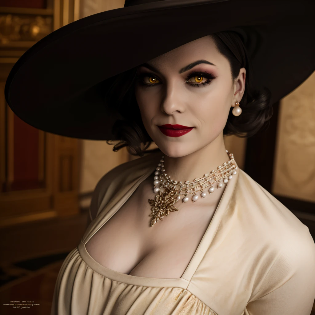 Best_QualityPos, RAW photo, intricate details, best quality, 8k uhd, soft lighting, 1girl, solo, alcina dimitrescu, hat, black hat, short hair, black hair, yellow eyes, colored skin, grey skin, dress, white dress, collarbone, rose, black flower, black rose, jewelry, earrings, necklace,  lipstick, makeup <lora:Alcina_Dimitrescu:0.7> <lora:exposure_control_v10:-0.4>