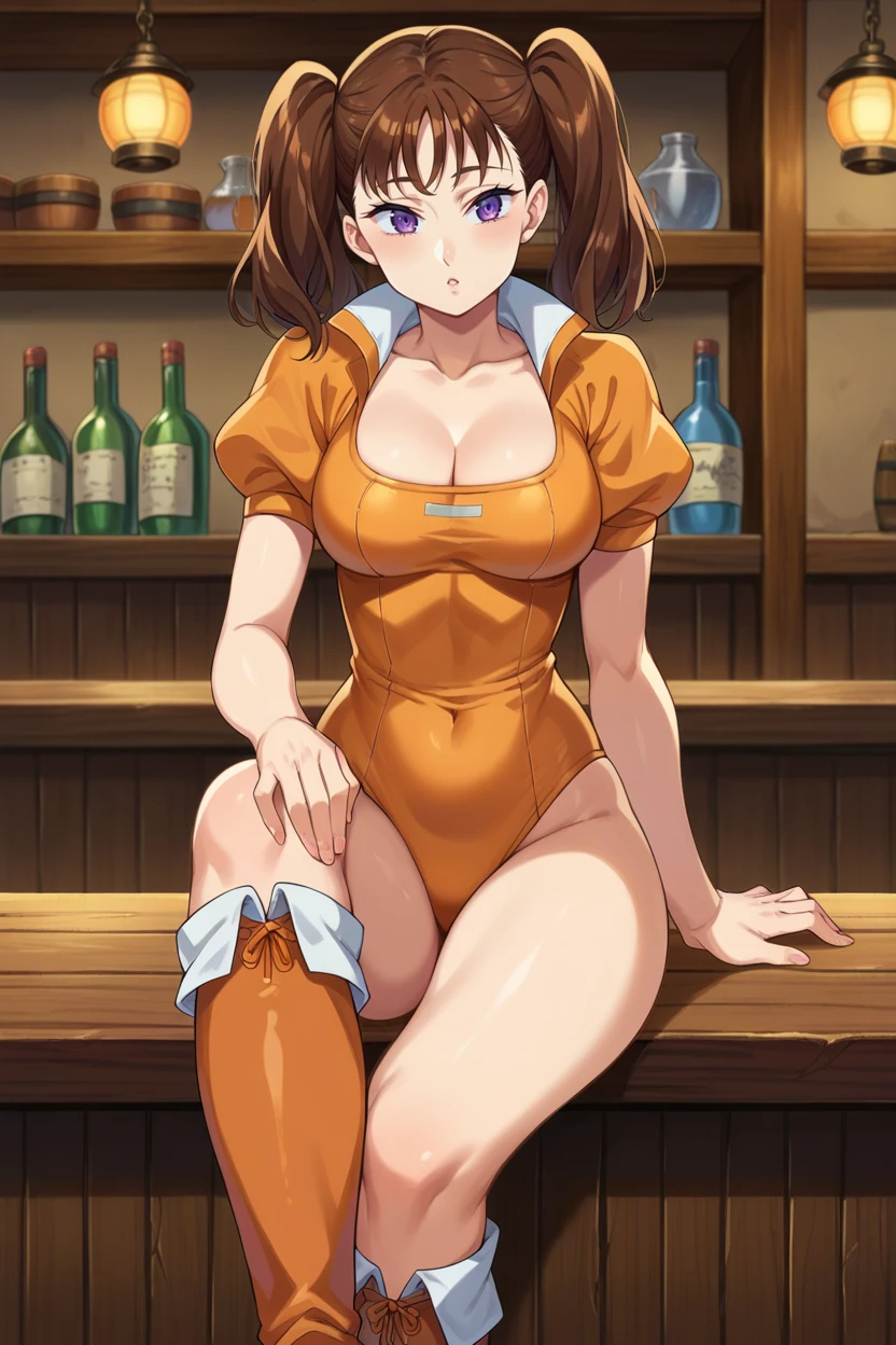 score_9, score_8_up, score_7_up, score_6_up, BREAK diane, 1girl, solo, brown hair,purple eyes, twintails, :o, parted lips, interior wooden wall, table, counter, tavern, orange leotard, popped collar, hand on own knee, sitting, orange lace-up boots,puffy short sleeves,cleavage, crossed legs,     <lora:DianePony:1>