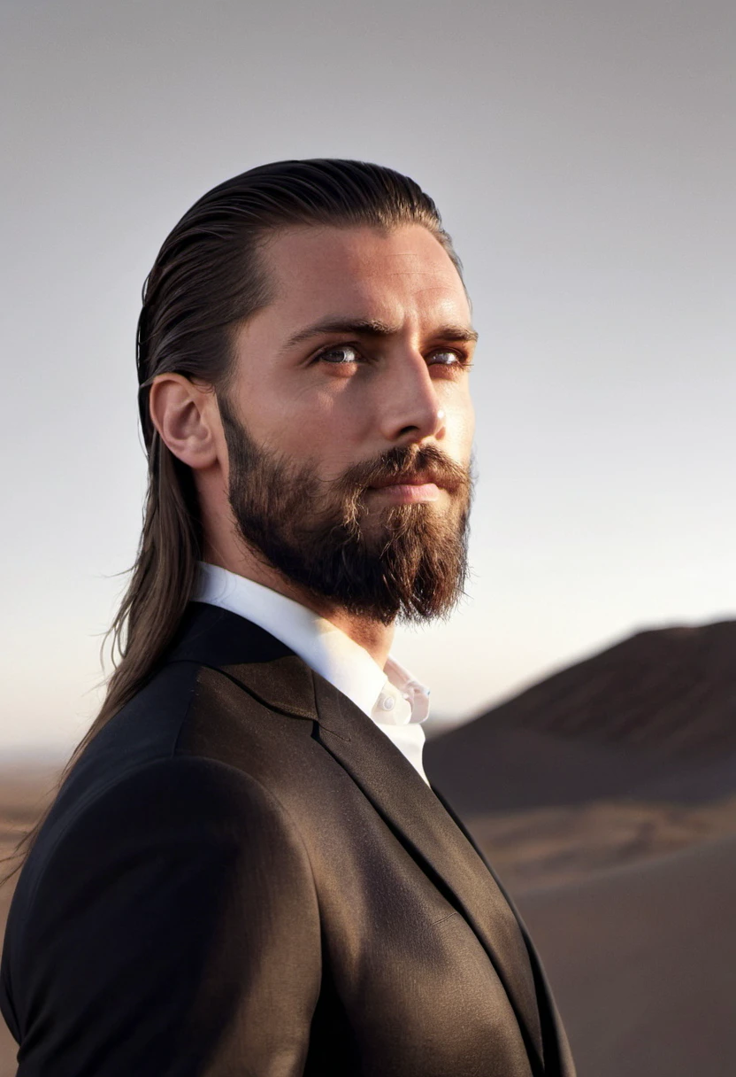 cinematic film still of extremely handsome man, long squared majestic beard, Over-the-Shoulder Shot, slicked-back hair, attractive, Monochrome gradient clothes, Desert Landscape, Lifestyle photography, model face, 25 years old, taken from below, intimidating, long hair, ultra masculine