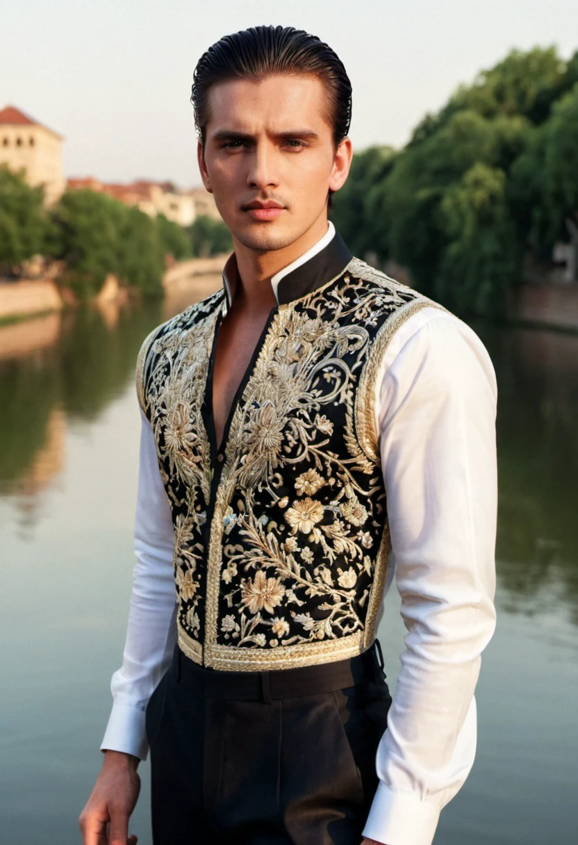 cinematic film still of extremely handsome man, Full Body Shot, slicked-back hair, attractive, Embroidered details clothes, Riverside, Cinematic photography, model face, 22 years old