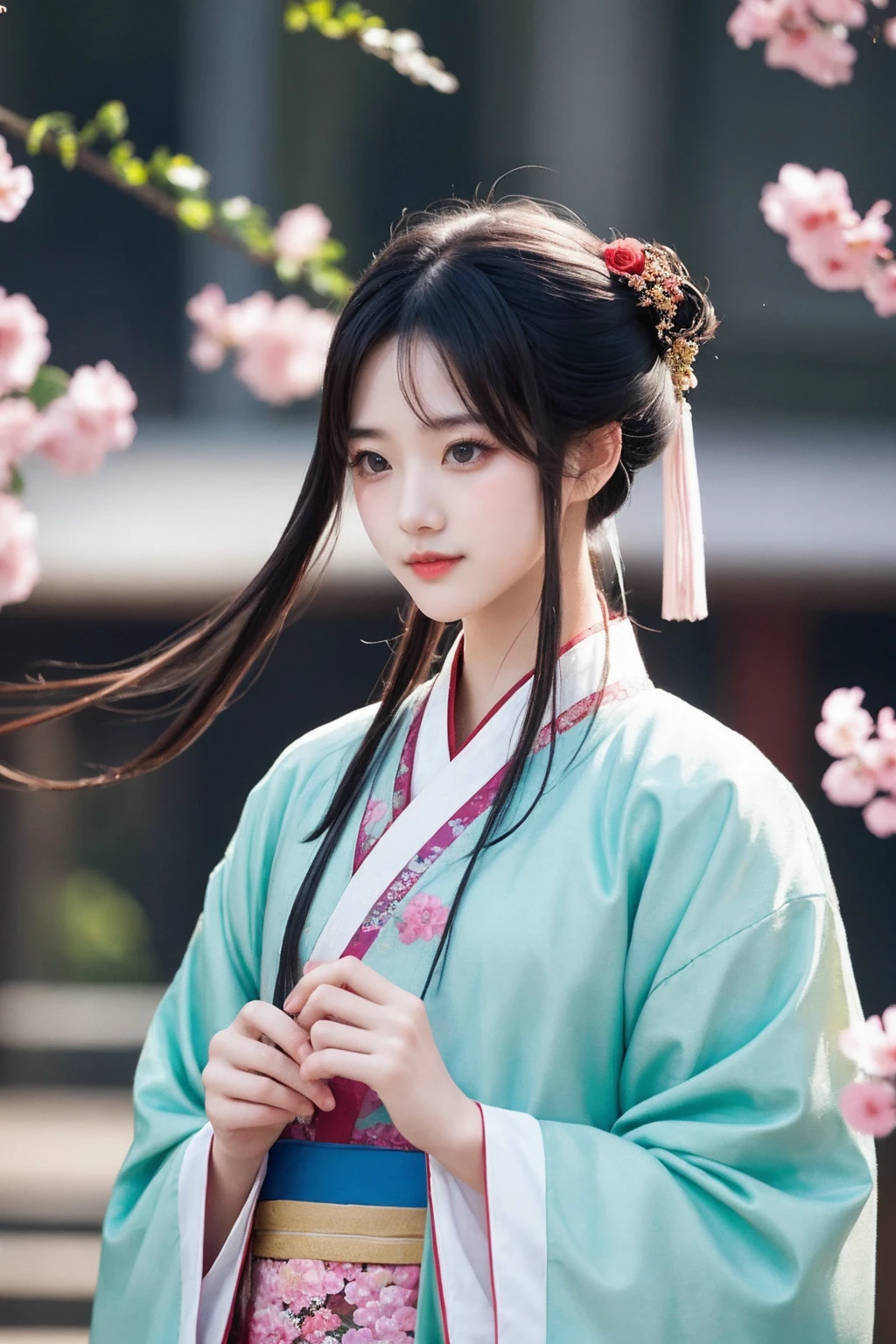 1girl,upper body,hanfu,sidelocks,floating petals.,