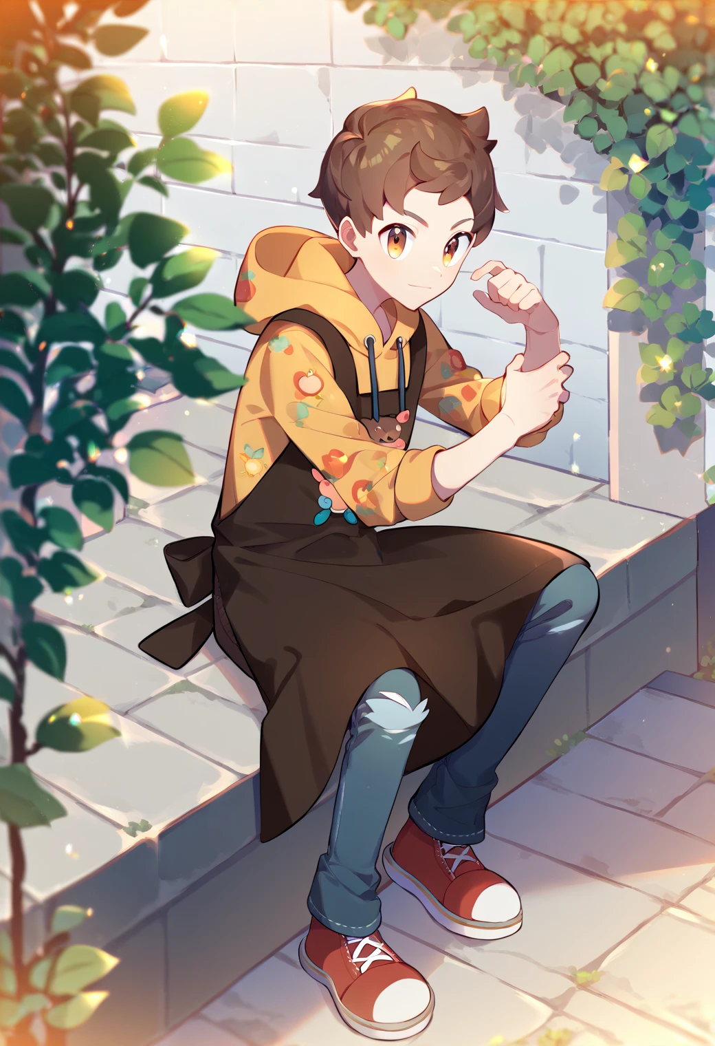 score_9, score_8_up, score_7_up, score_6_up, score_5_up, score_4_up, best quality, amazing quality, best aesthetic, absurdres, solo ,victor_val, brown hair, brown eyes, yellow hoodie, brown apron, sneakers, blue pants<lora:EMS-350938-EMS:1.000000>