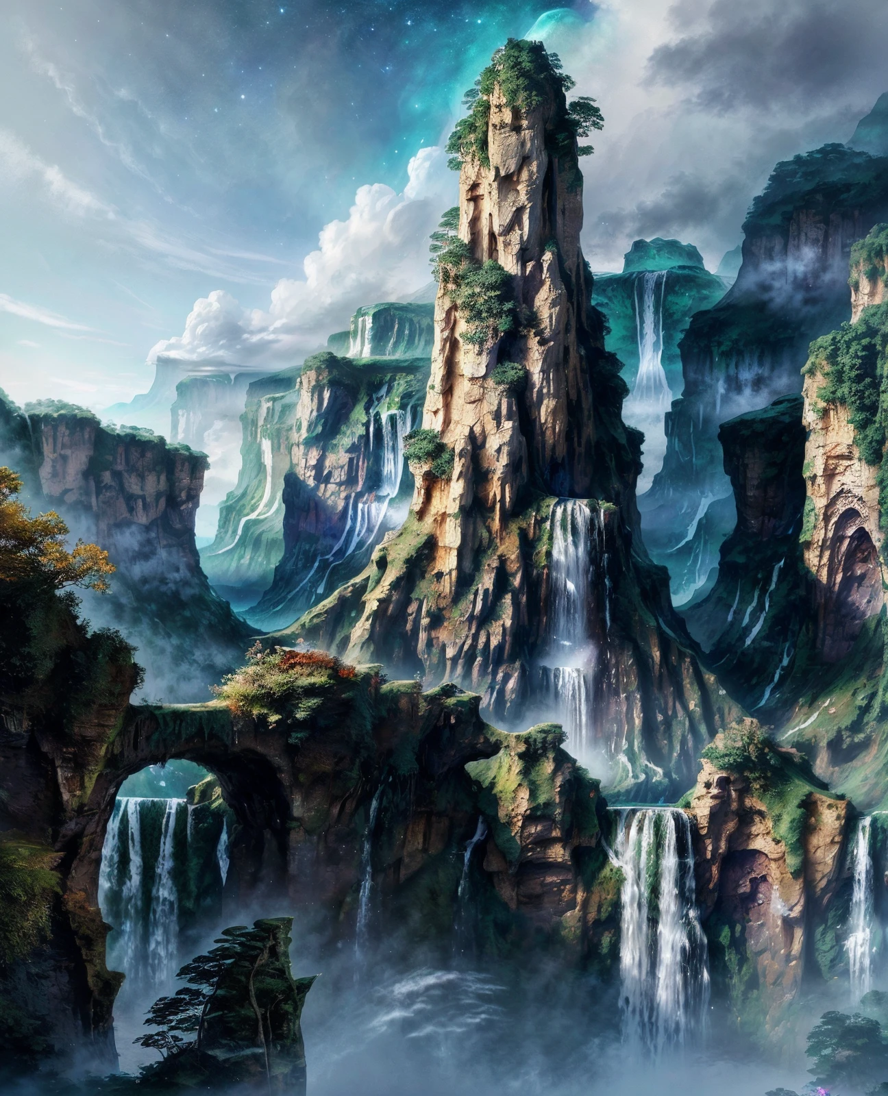 ethereal fantasy concept art of  <lora:quiron_LegendaryLandscapes_v1_Lora:0.87> LegLandscapesQuiron, legendary landscapes by quiron, landscapesquiron,  surreal, particles, chromatic aberration,  glowing,  shiny,  scenery, landscape, nature,  fantasy , waterfall , intricate artwork masterpiece, impressive, stunning, Celtic , Ethereal Waterfalls, . magnificent, celestial, ethereal, painterly, epic, majestic, magical, fantasy art, cover art, dreamy