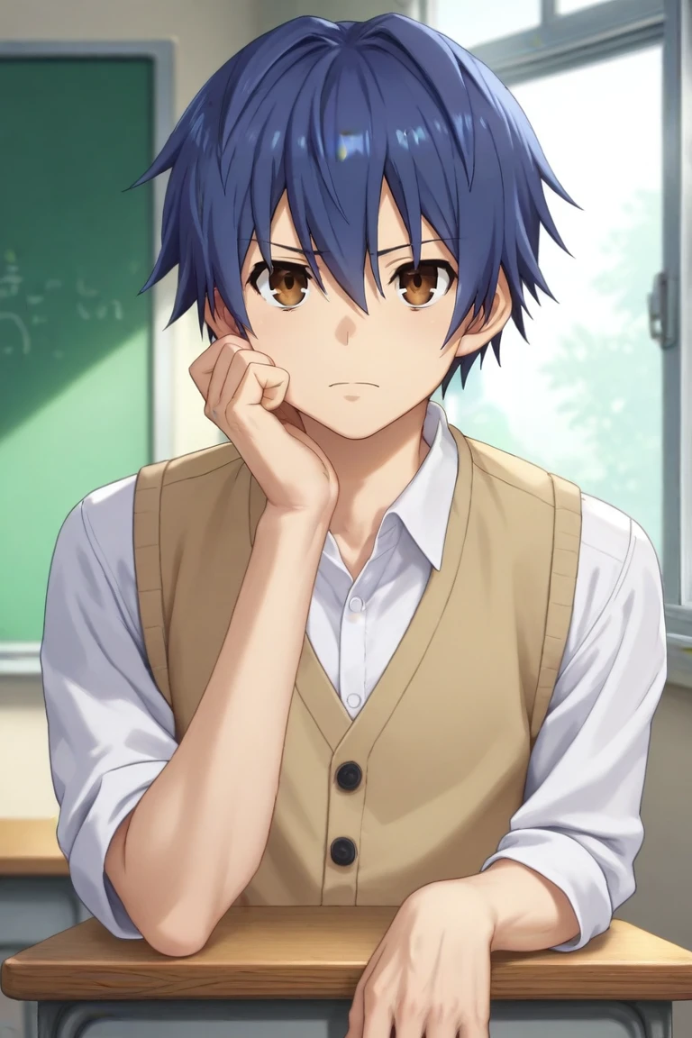 score_9, score_8_up, score_7_up, source_anime, (realistic:0.6), looking at viewer, , , 1boy, solo, male focus, <lora:shidou_itsuka_pony:0.82>, shidou_itsuka, blue hair, brown eyes, short hair, hair between eyes, , classroom, , <lora:sdxl_lightning_8step_lora:1>