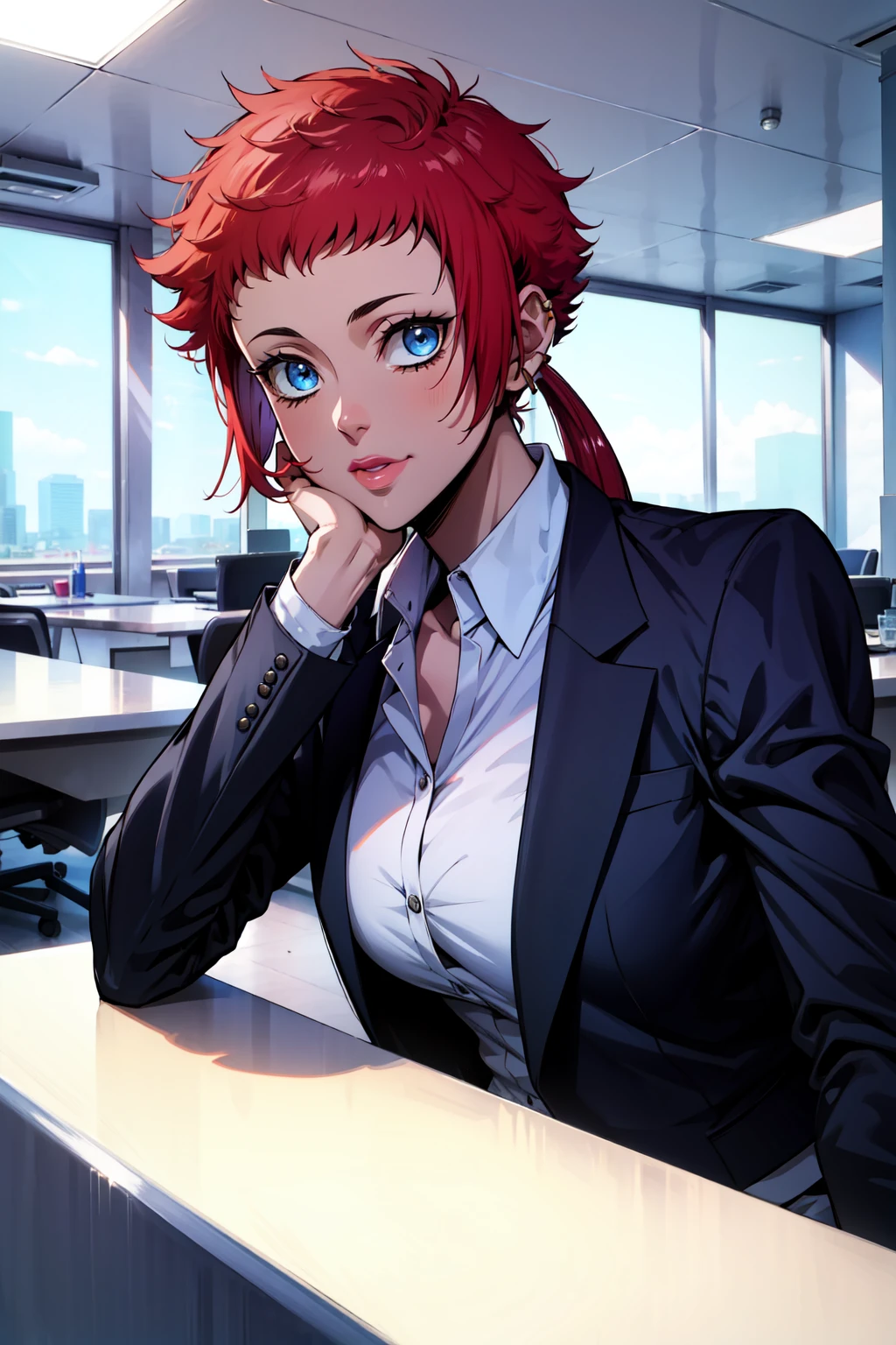 <lora:Ninja_Kamui__Emma_Samanda:1>,emma samanda,blue eyes,red hair,short hair,ponytail,low ponytail,earrings,breasts,jewelry,formal,suit,lipstick,indoors,day,office,smile,