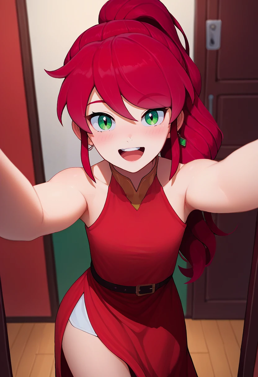 score_9, score_8_up, score_7_up, source_anime, solo, 1girl, pyrrhadef, happy, looking at viewer, selfie, ponytail, red dress, sleeveless dress, side slit, bare shoulders, indoors <lora:rwby_pyrrhanikos_ponyXL:1>