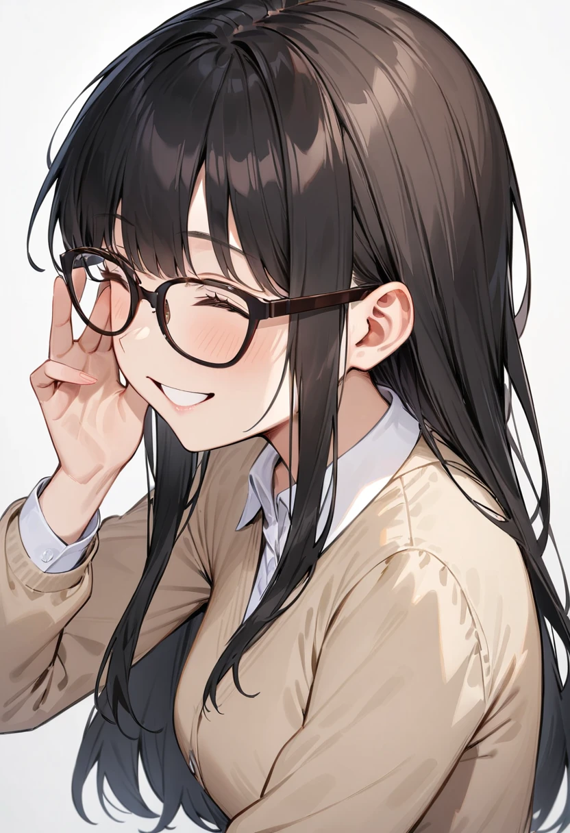 masterpiece, best quality, very aesthetic, absurdres, 
1girl, solo, black hair, long hair,
Wellington22A, glasses, brown-framed eyewear,
collared shirt, happy, smile, looking at another, adjusting eyewear, white background, simple background, 
 <lora:glasses_Wellington_cellframe1_SDXL_V1:0.8>