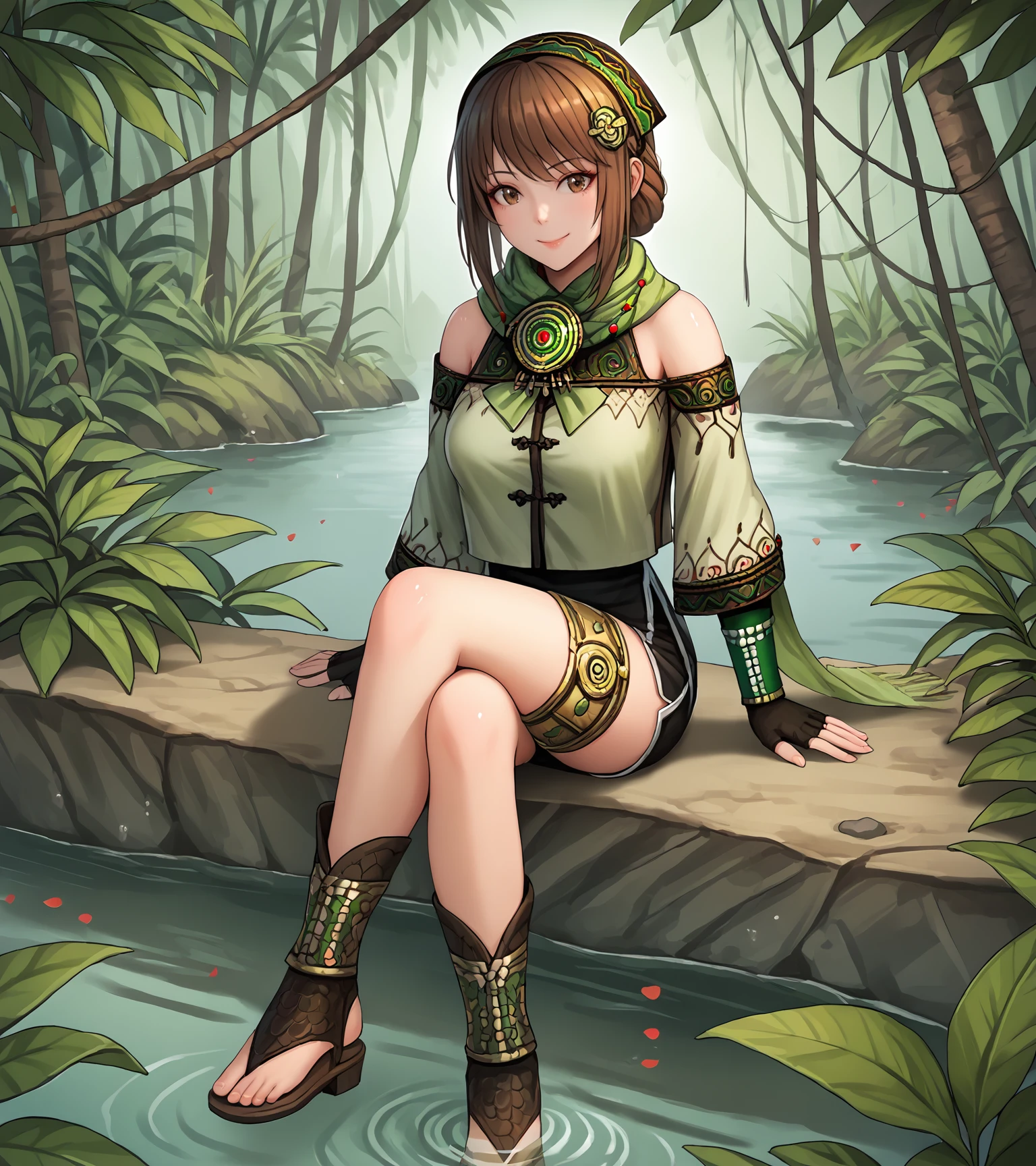 score_9, score_8_up, score_7_up, score_6_up, score_5_up, score_4_up, BREAK source_anime,
1girl, solo, <lora:BaoSanniangDW9:0.9>, Bao Sanniang, brown eyes, brown hair, medium hair, hair ornament, medium breasts, jewelry, green top, green scarf, bare shoulders, detached sleeves, black shorts, fingerless gloves, legband, sandals,
looking at viewer, smile,
outdoors, jungle, river,  sitting, crossed legs,
cowboy shot 
<lora:rhasta:1>,