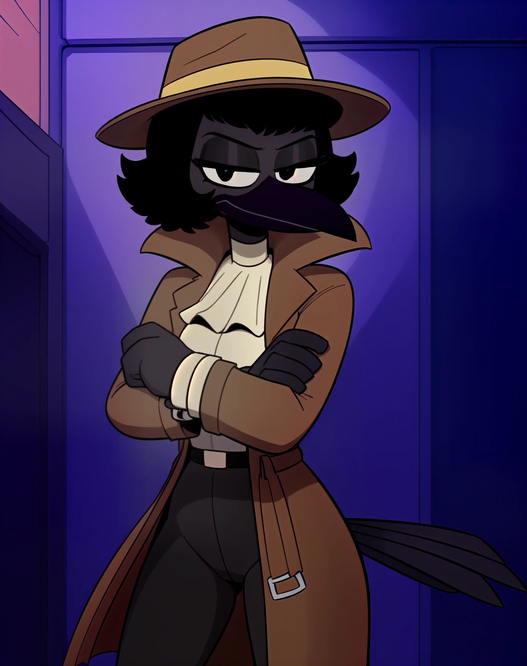 by sususuigi, by lenyavok, by the-minuscule-task, by drockdraw (detailed background, alley, masterpiece, high quality, three-quarter portrait) inspector tezuka, solo:1.2, (black skin, black body:1.3) (crow, dark beak, corvid, tail feathers, short hair, black hair:1.1) ( seductive, narrowed eyes, black eyes, three-quarter view, looking at viewer, eyeliner:1.3) (thick thighs, thin:1.2), (crossed_arms:1.3) (clothed, clothing, trenchcoat, frilled dress shirt, pants, belt, headwear, fedora, long sleeves, baggy clothing, shirt_cuffs:1.3) <lora:DrockFurXL:0.7>  <lora:Inspector Tezuka V1:0.6>