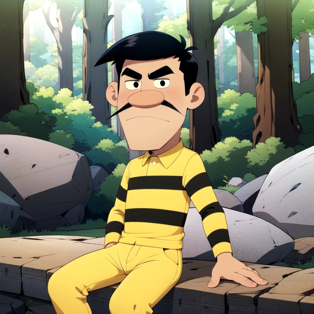 Joe Dalton, solo,  1boy,  black hair, black eyes,  facial hair, mustache, thick eyebrows, yellow striped shirt, collared shirt, yellow pants, <lora:Joe_Dalton_Leaf2:0.8>, cowboy shot, sitting, sitting on rock, forest