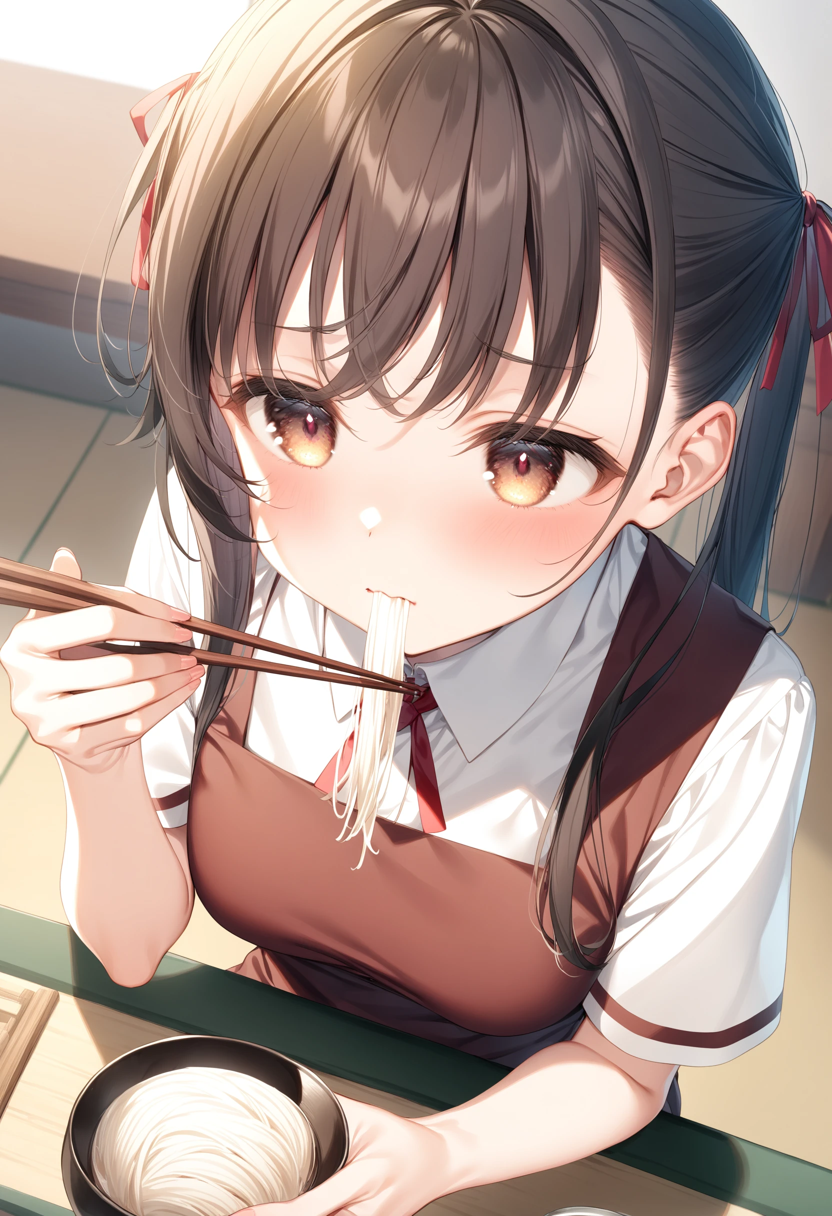 1girl, sincos, ningen mame, toosaka asagi,<lora:sdxl2-flat2-512b:-1>,medium breasts,school uniform, short sleeves,brown hair, brown eyes,
soumen, chopsticks, holding bowl, sitting,day, table, indoors, <lora:soumen_XL_v1:0.8>
dutch angle, portrait, looking up, scared, closed mouth,
masterpiece,best quality, very aesthetic, absurdres,