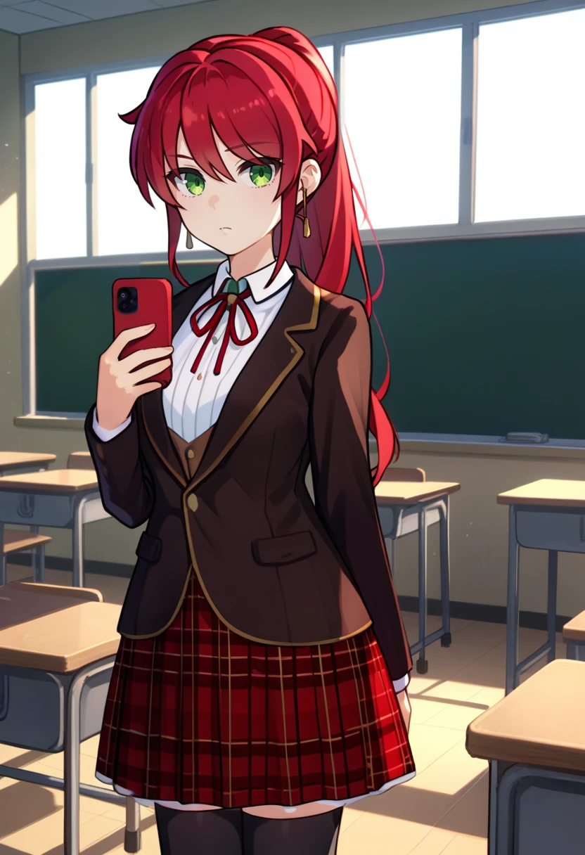 score_9, score_8_up, score_7_up, source_anime, solo, 1girl, pyrrhaschool, expressionless, looking at viewer, holding phone, ponytail, school uniform, brown jacket, blazer, long sleeves, white shirt, neck ribbon, red ribbon, red skirt, plaid skirt, black thighhighs, indoors, classroom <lora:rwby_pyrrhanikos_ponyXL:1>