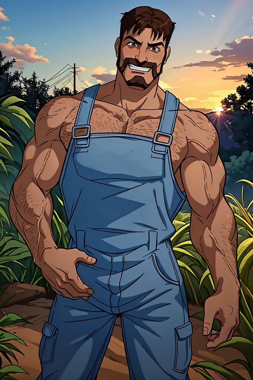 (RAW photo), <lora:FarmerJohn:0.75>, farmerjohn, (bulge:1.2), naked overalls, parted bangs, (bowl cut:0.6), overalls, dynamic pose, facial hair, high quality, brown eyes, 1boy, muscular, outdoors, veins, sleeveless, dusk, light smile