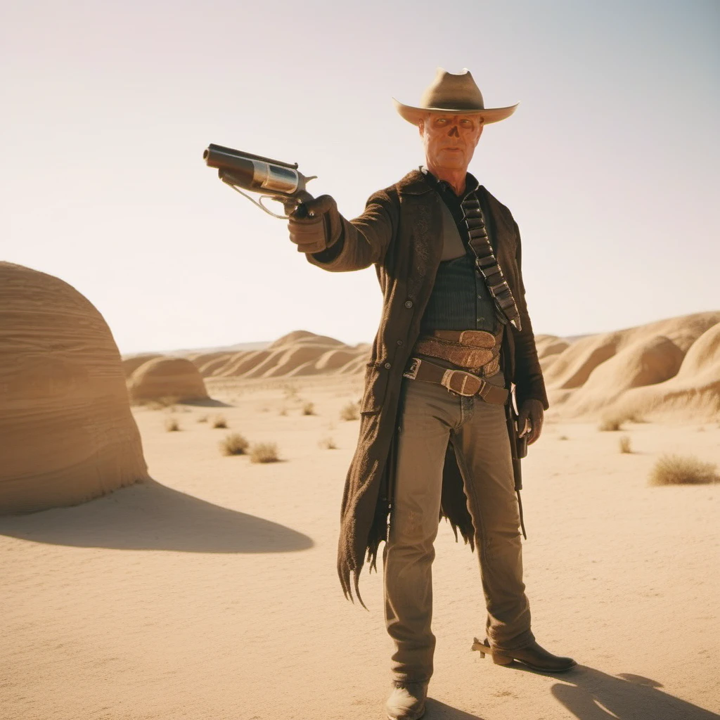 cinematic photo a full body bald cowboy holds a gun the desert <lora:TheGhoul1024:0.8> . 35mm photograph, film, bokeh, professional, 4k, highly detailed