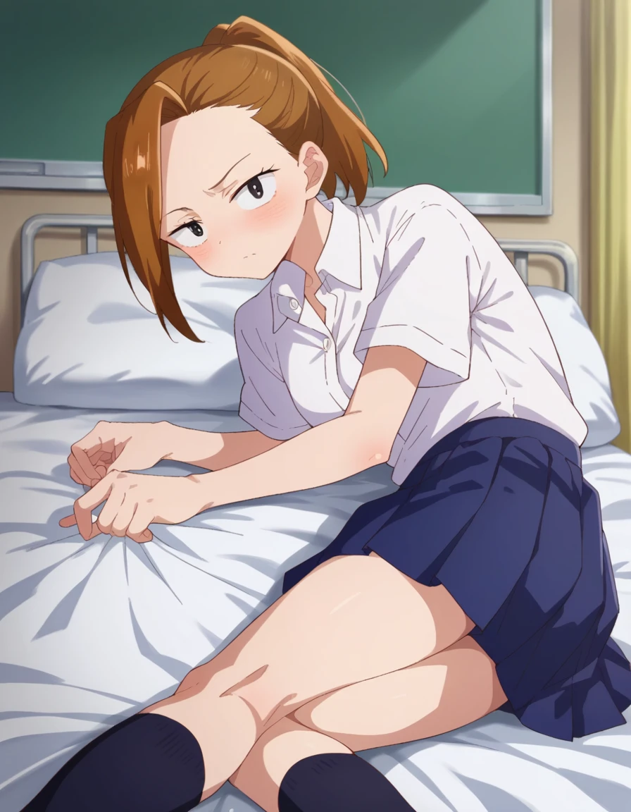 score_9, score_8_up, score_7_up, source_anime,
serinayoshida, <lora:serina-yoshida-s2-ponyxl-lora-nochekaiser:1>,
serina yoshida, brown hair, ponytail, black eyes,
skirt, shirt, school uniform, white shirt, short sleeves, pleated skirt, collared shirt, blue skirt,
indoors, bed, bed room, on side, blush, drunk,
looking at viewer, cowboy shot, dutch angle,