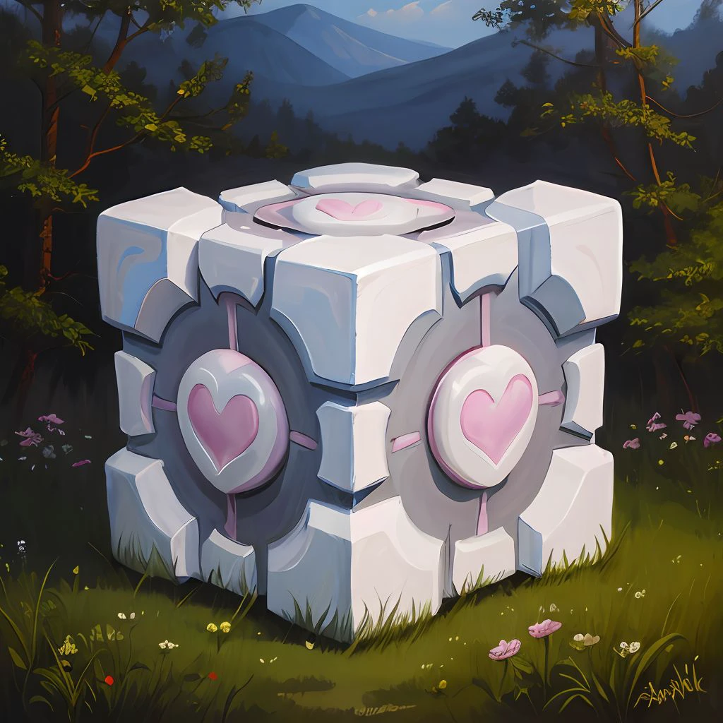 weighted companion cube  <lora:weighted companion cube:1>   in nature painting