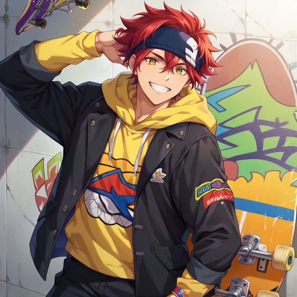 score_9, score_8_up, score_7_up, reki kyan, 1boy, solo, red hair, yellow eyes, blue headband, yellow hoodie, black jacket, black pants, skateboard, smile, looking at viewer, wall, graffity,