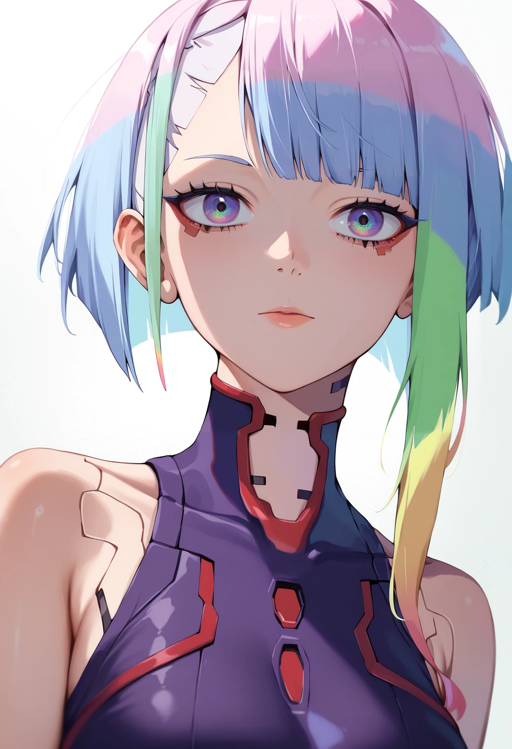 score_9, score_8_up, score_7_up, score_6_up, source anime, BREAK
<lora:cyberpunk_lucy:1> 1girl, solo, yculpnxl, lucy \(cyberpunk\), multicolored hair, short hair, makeup, bare shoulders, eyeliner, leotard, zettai ryouiki, upper body