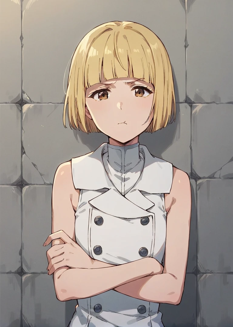 score_9, score_8_up, score_7_up, 1girl, solo, liltotto, blonde hair, short hair, brown eyes, blunt bangs,

white dress, sleeveless, double breasted, pout, :t, leaning against wall, crossed arms, looking at viewer, 