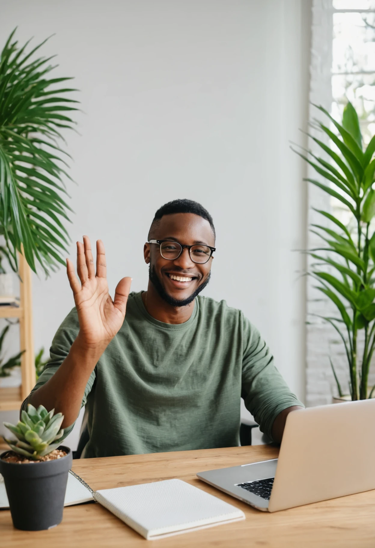 African American male, smiling, waving, eyeglasses, casual clothing, sitting at desk, laptop, home office, indoor, daylight, notebook, writing utensil, modern decor, house plants, bookshelf, natural lighting, cheerful expression, smartwatch, comfortable environment, clear focus, medium shot.