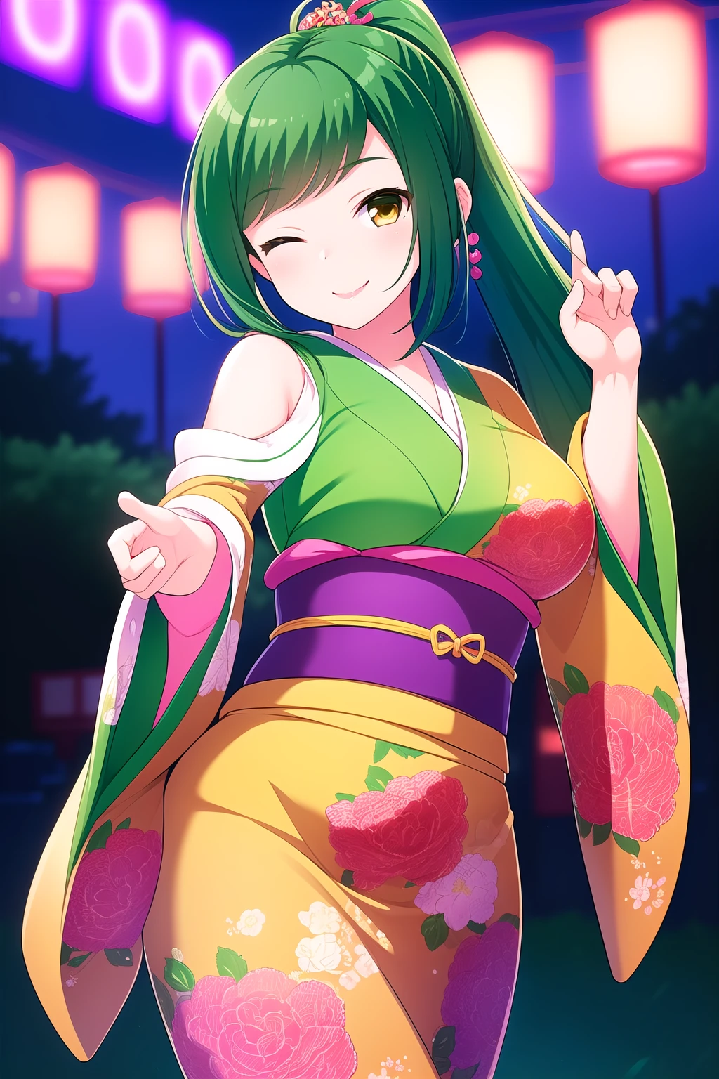 (masterpiece, best quality), highly detailed background, perfect lightingbest quality, kokonoeshinobu, solo, outdoors, night, summer festival, green hair, ponytail, swept bangs, long hair, one eye closed, yellow eyes, medium breasts, yellow kimono, floral print, japanese clothes, smile, closed mouth, ;), pink lips, <lora:Kokonoe-Shinobu:0.7>