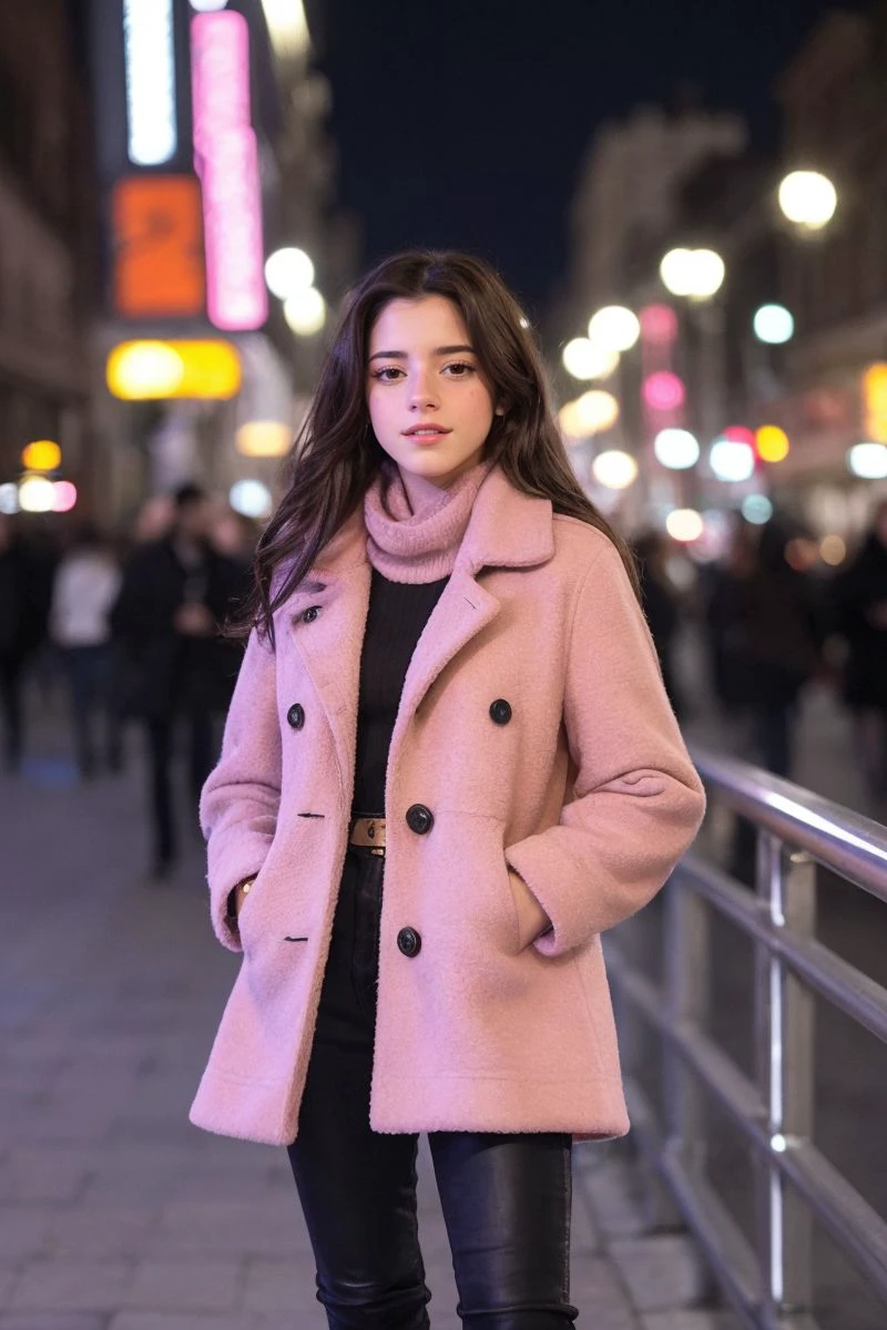 photo of S386_MadalenaAragao,a stylish woman,in a (city:1.1),wearing a (pink-coat:1.1),(cityscape),(night),(4k, RAW photo, best quality, 50mm, depth of field, ultra high res:1.1),(intricate, photorealistic, cinematic-shot, masterpiece, ultra-detailed:1.1),