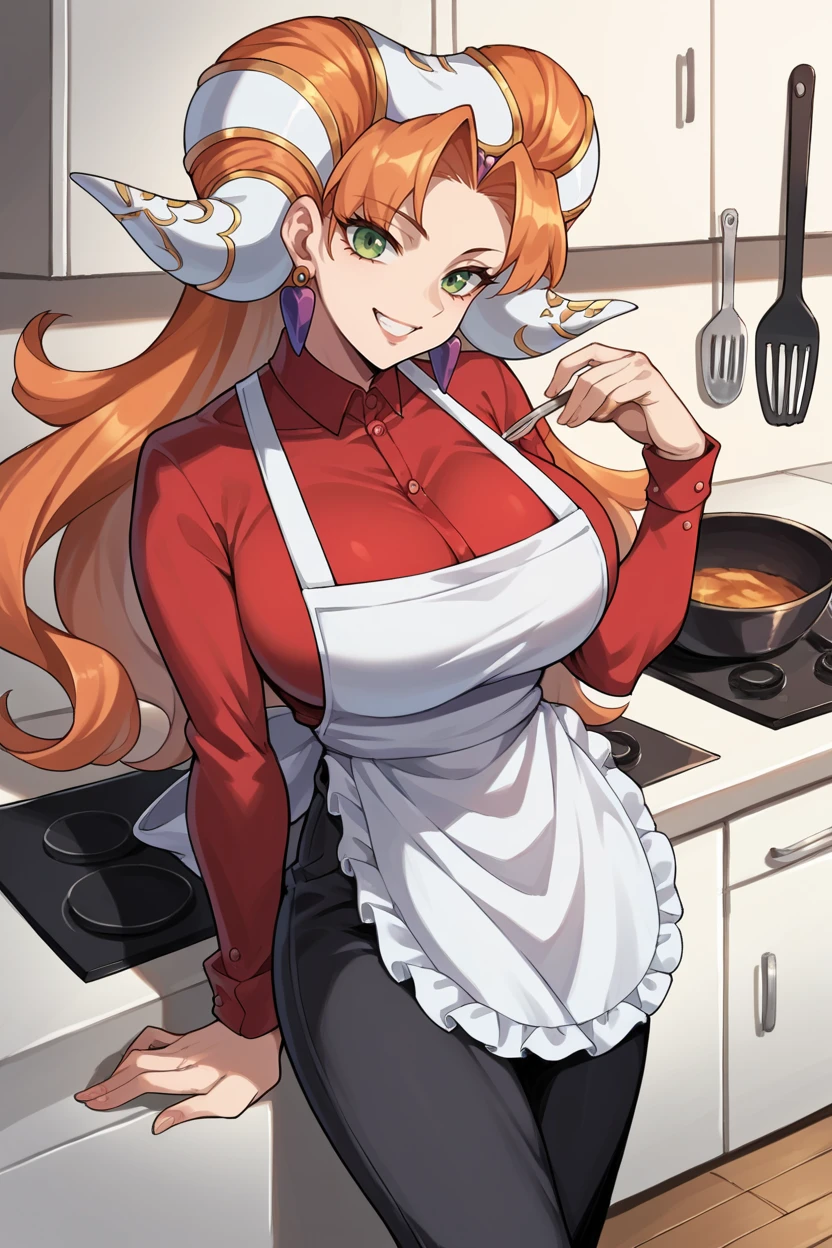 score_9, score_8_up, score_7_up, score_6_up, source_anime, BREAK 1girl <lora:millenia-pdxl-nvwls-v1-000005:1> millenia, fake horns, earrings, red shirt, black pants, white apron, large breasts, looking at you, smile, kitchen