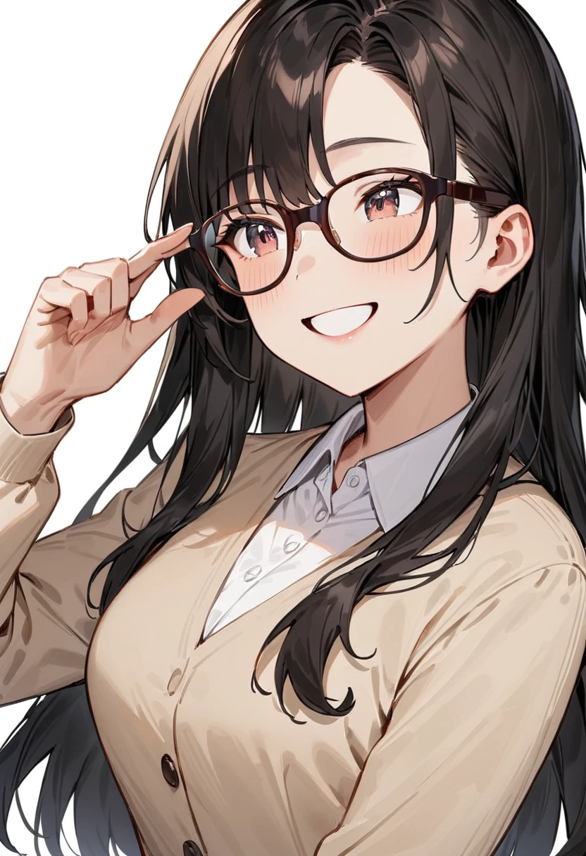 masterpiece, best quality, very aesthetic, absurdres, 
1girl, solo, black hair, long hair,
Wellington22A, glasses, brown-framed eyewear,
collared shirt, happy, smile, looking at another, adjusting eyewear, white background, simple background, 
 <lora:glasses_Wellington_cellframe1_SDXL_V1:0.8>