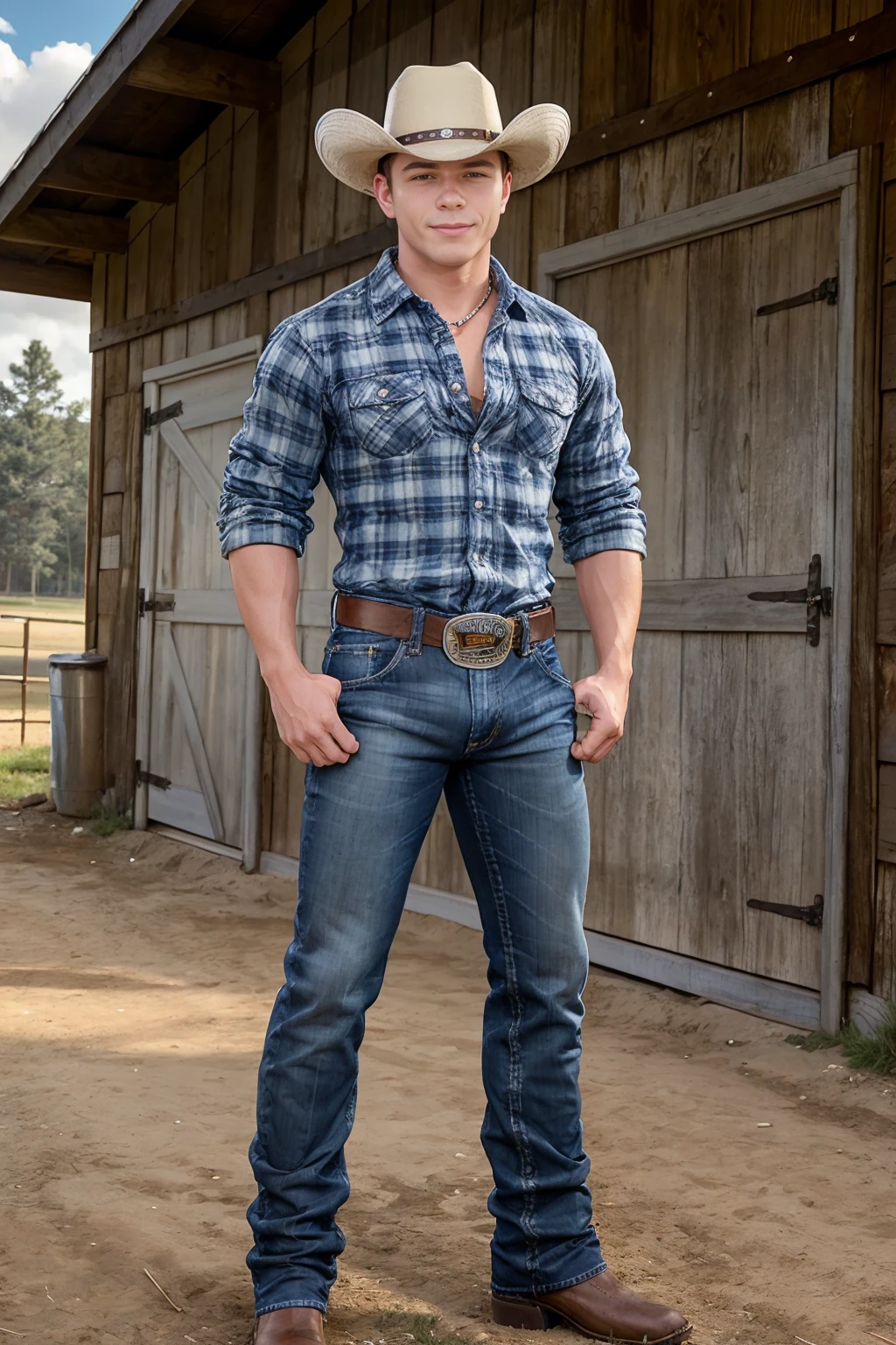 outdoors, standing in front of barn, DrakeVon, slight smile, sexycowboy, cowboy hat, plaid shirt, denim blue jeans, belt, shiny silver belt buckle, thumbs in pockets,, (((full body portrait))), wide angle,  <lora:Clothing - Sexy Cowboy:0.35>   <lora:DrakeVon:0.8>