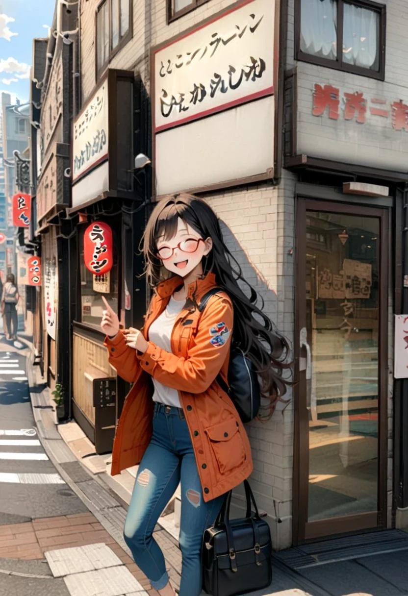 masterpiece, best quality, very aesthetic, absurdres,
1girl, solo, glasses, black hair, long hair, field jacket, jeans, black bag, smile, laughing, looking at viewer, solo focus,
shekarashika, storefront, scenery, outdoors, sign, building, real world location, road, street, traditional media, alley, day
 <lora:shekarashika_SDXL_V1:1>