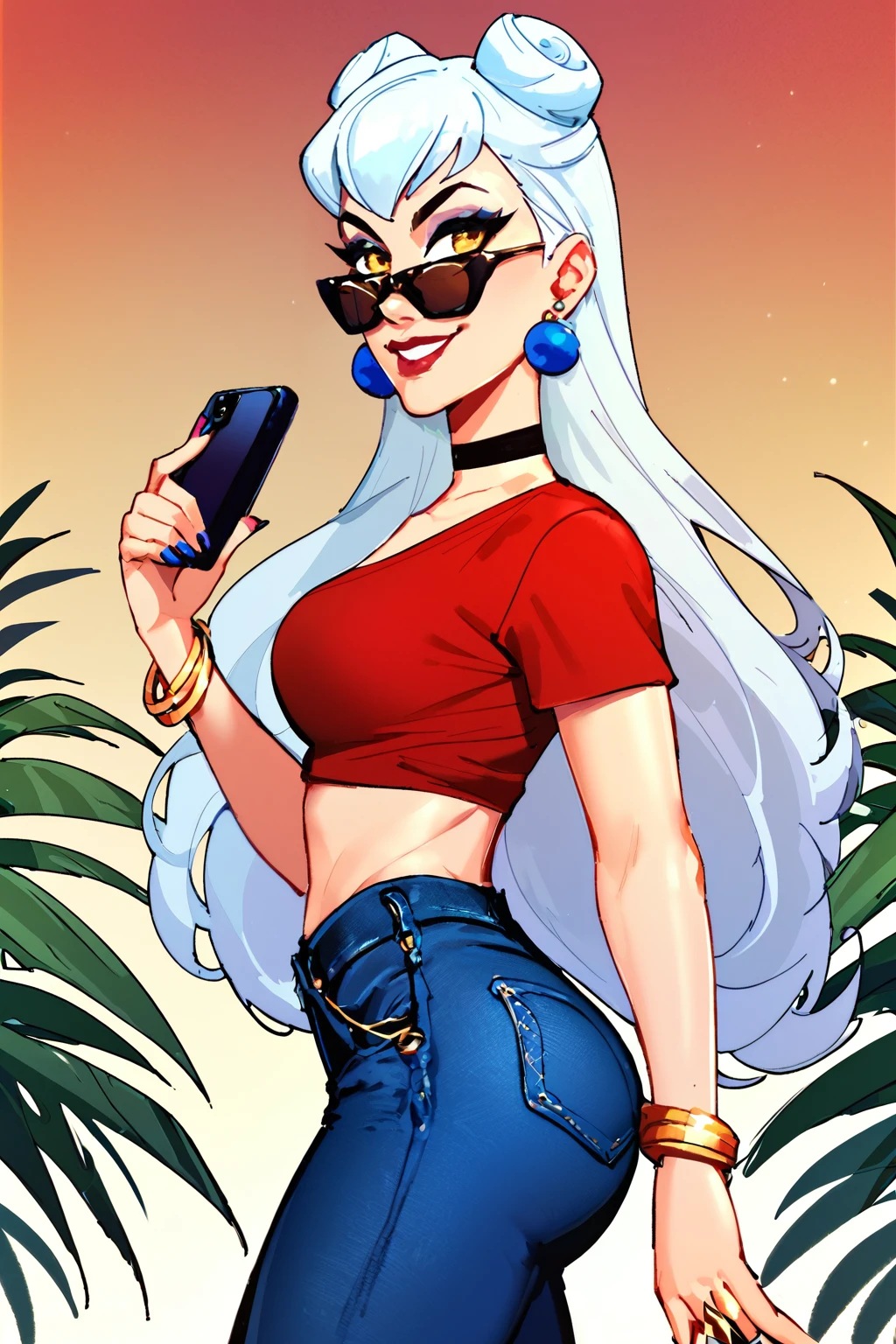 score_9, score_8_up, score_7_up, masterpiece, high quality, 
<lora:KDAEvelynnPonyLora:0.8>1girl, long hair, double bun, yellow eyes, makeup, earrings, bracelet, choker, red tshirt, short jeans, leaning on a palm, looking at phone, view from side, smile, dark sunglasses <lora:Rapscallion_style_PDXL:0.4>, rapscallionstyle, <lora:KimKrab:0.6>kimkrab