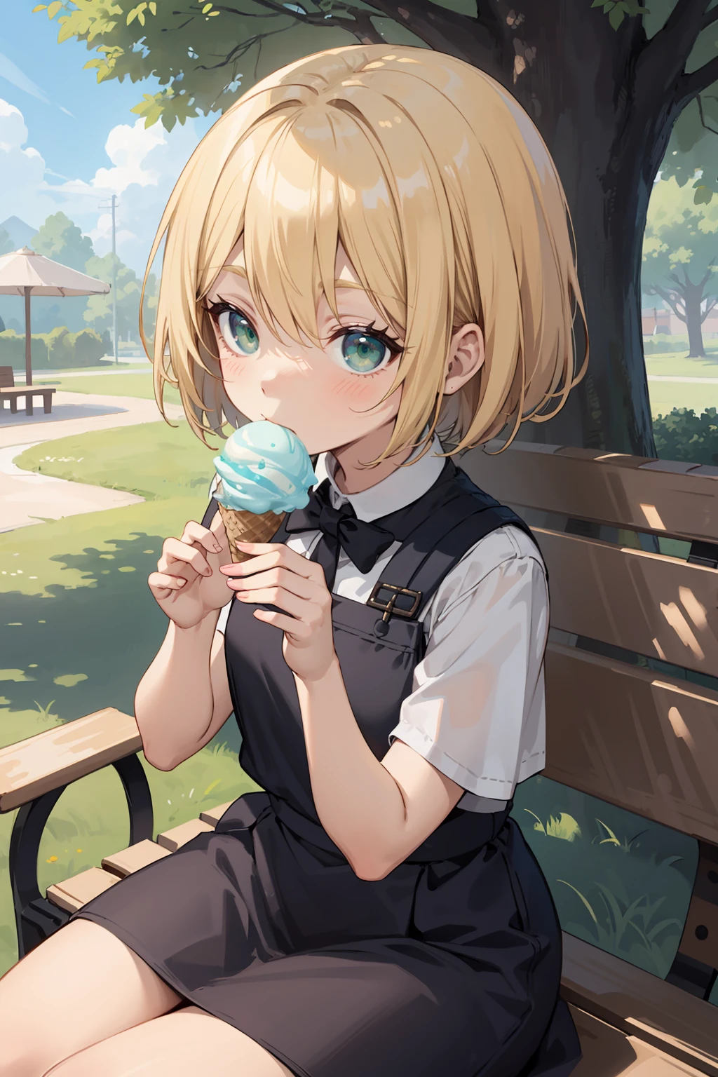 masterpiece, high quality, 1girl, solo, short hair, blonde hair,  green eyes, aged down, chibi, eating, ice cream, park bench, portrait,