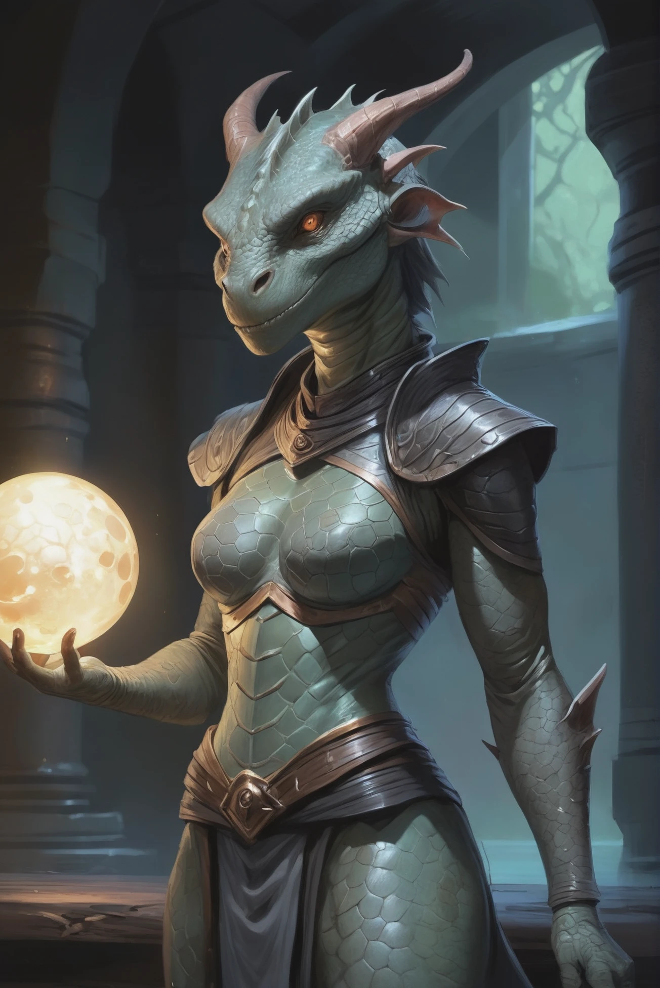 digital painting, female dragonborn orb master, reptilian skin, glowing bright color:darkgray and gray scales, well-lit interior, in a alien onsen<lora:EnvyStarlightDragonborn01:1>