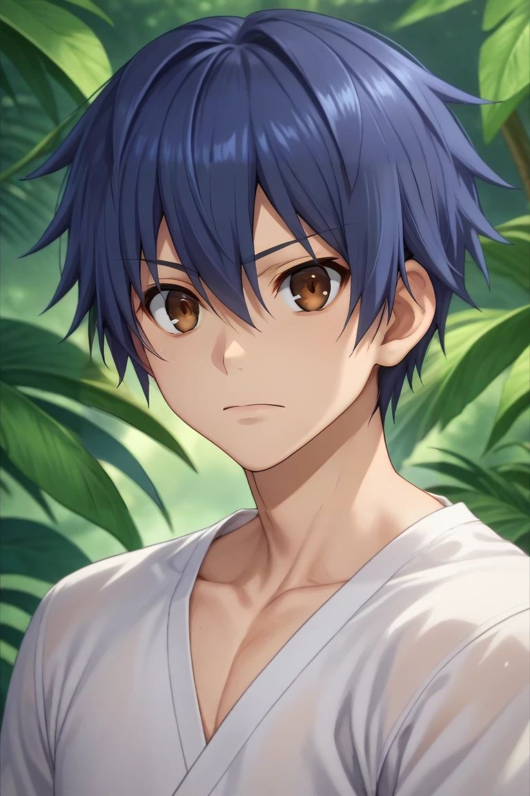 score_9, score_8_up, score_7_up, source_anime, , looking at viewer, upper body, depth of field, 1boy, solo, male focus, <lora:shidou_itsuka_pony:0.74>, shidou_itsuka, blue hair, brown eyes, short hair, hair between eyes, , A tropical paradise where the sun shines brightly every day, , <lora:sdxl_lightning_8step_lora:1>