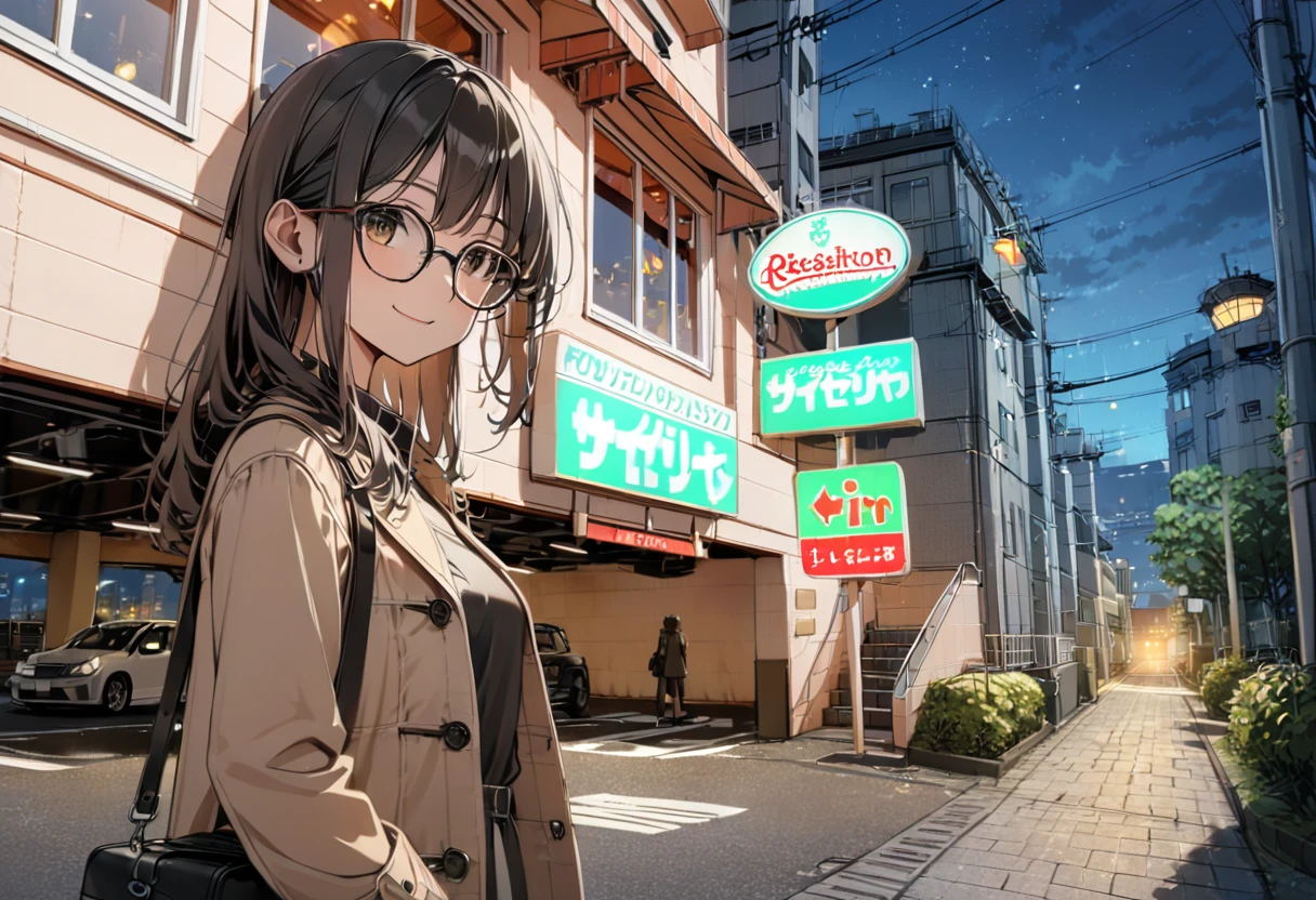 best quality, ultra-detailed, illustration,
1girl, solo, glasses, black hair, long hair, duffle coat, black bag, smile, looking at viewer, solo focus,
higashimon, scenery, night, road, city, street, car, sign, neon lights, real world location, outdoors, building, lamppost, shop, cityscape, sky, crosswalk, night sky
 <lora:saizeriya_ex_SDXL_V1:1>