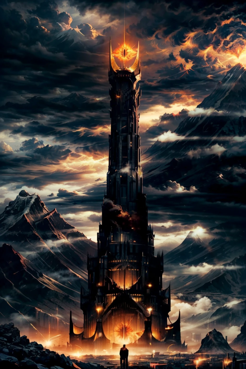 (ultra realistic,32k, masterpiece:1.2),( high quality:1.1),  <lora:Saurons_Tower:0.8>,  SauronsTower, cloud, cloudy sky, mountain range, volcano,   cinematic, movie poster, warm colors, orange theme, standing, outdoors, scenery, silhouette, fog  fire, luminescent sparks, otherworldly fragrance blurry background, <lora:add_detail:0.92>, (glowwave:1.1),