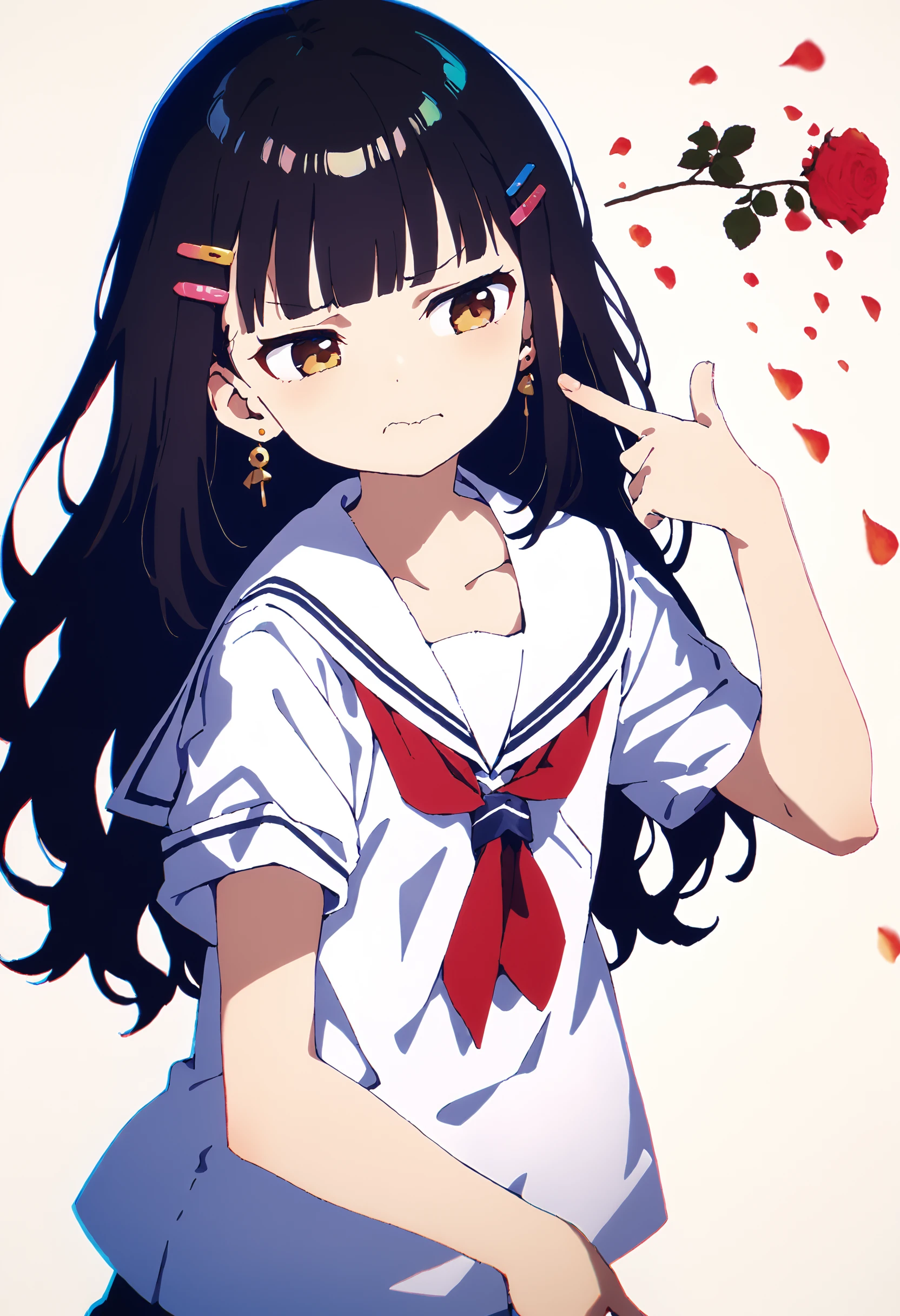 1girl,solo,mamyouda,ogipote,sy4,
disgust,looking down,blunt bangs,long hair,earrings,hairclip,short sleeves,serafuku,upper body,chromatic aberration,dynamic_angle,simple background,
<lora:boom finger gun_XL_bx-v1.03:1>,finger gun,rose,petals,
(masterpiece,best quality,absurdres),